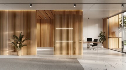 Modern office interior visible behind a blank wooden wall, ideal for a mockup on a light background, showcasing workspace concept. 3D Rendering hyper realistic 