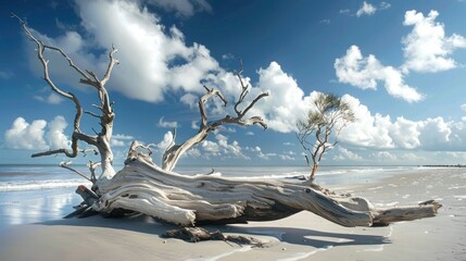 A majestic piece of driftwood rests on the sandy beach under the colorful sunset sky, creating a beautiful natural landscape art piece with the surrounding clouds, water, and trees AIG50