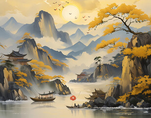 chinese wind wallpaper, ink wash, new chinese style, landscape painting, golden brushstrokes....