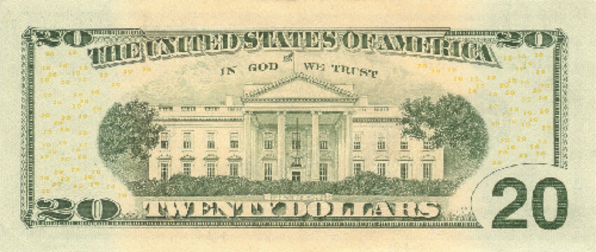 Vector reverse high polygonal pixel mosaic banknote of United States of America. Denominations of bill 20 dollars. Game money of flyer. Part 2