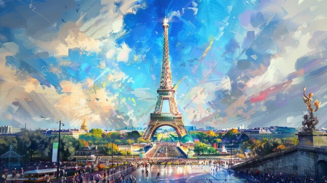 Paris olympics games France 2024 ceremony running sports Eiffel tower summer artwork painting commencement torch hyper realistic 