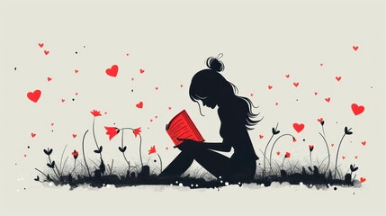 Girl Concentrated on Modern Flat Design Book with Heart Shape and Lines
