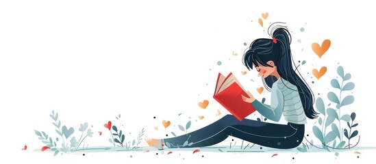 Girl Concentrating on Modern Flat Design Book Decorated with Heart Shape