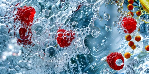 Vivid red raspberries submerged in sparkling water, highlighted by dynamic bubbles and a cool blue backdrop, evoking freshness.