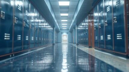 A hallway with many lockers and a light shining on the floor.