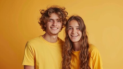 Portrait of happy young european couple posing over yellow studio background hyper realistic 
