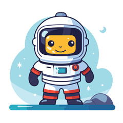 Cute cartoon astronaut character standing moon surface smiling. Friendly astronaut space exploration themed kids illustration. Cheerful animated space traveler wearing spacesuit stars background