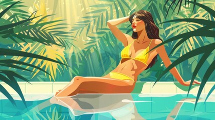 vector illustration on the theme of summer holiday. beautiful young tanned girl in a yellow bikini sunbathes by the pool 