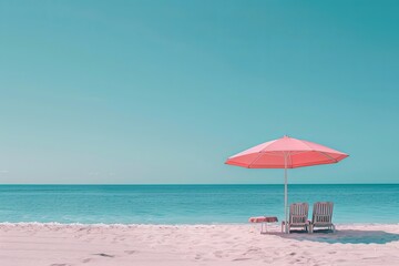 Fototapeta na wymiar Pink umbrella and two chairs on beach with water, sky, and natural landscape