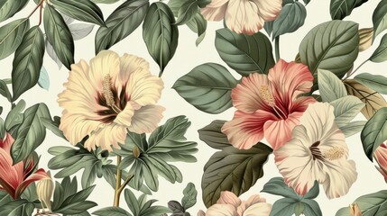 Seamless pattern background featuring a collection of vintage botanical illustrations with flowers and leaves in muted colors hyper realistic 