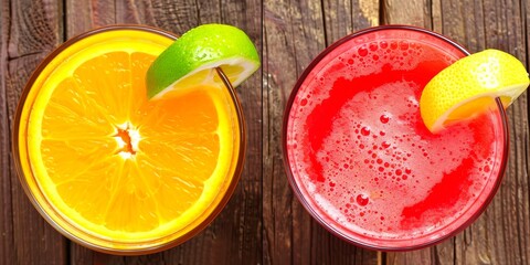 Refreshing orange and berry drinks with vibrant citrus slices, bubbling on a rustic wooden table, embodying summer refreshment.