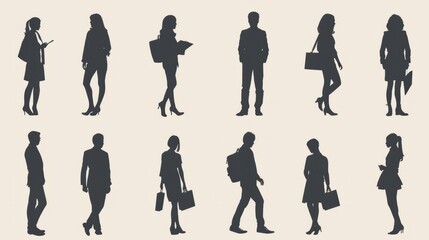 Silhouette business people set. Men and women, smartly dressed, some with clipboards. hyper realistic 