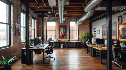 Modern Loft-Style Office Space: Stylish spacious office with modern decor and abundant natural light