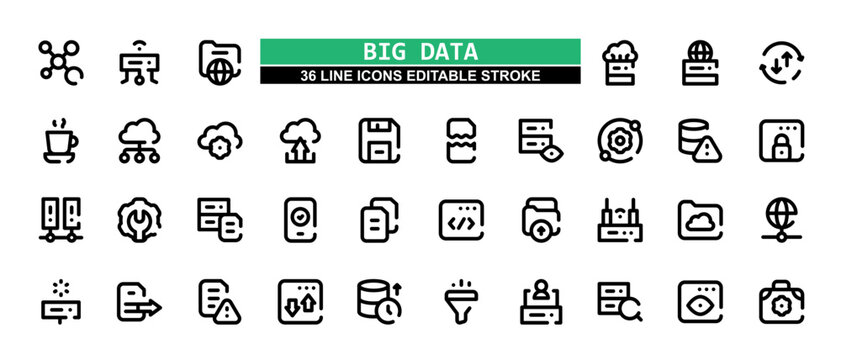 36 Big Data Line Icons Set Pack Editable Stroke Vector Illustration.