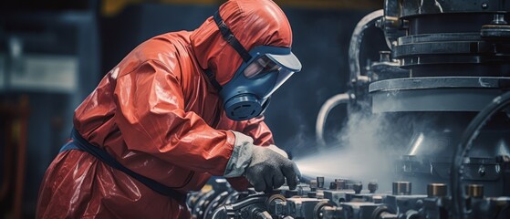 Image of a worker in a protective suit loading chemicals into an industrial mixer, focusing on safety and precision in chemical manufacturing,