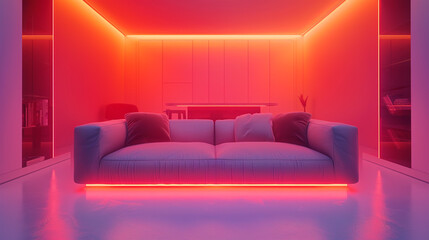 sleek minimalist sofa with neon lighting, futuristic apartment interior