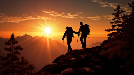 Silhouette of two hikers on a mountain trail, one assisting the other, showcasing teamwork and cooperation, with a backdrop of the setting sun,