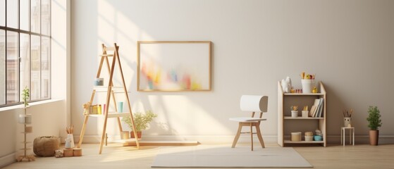 A playroom with a minimalist art corner featuring a small easel, a few jars of paints, and a roll of paper,