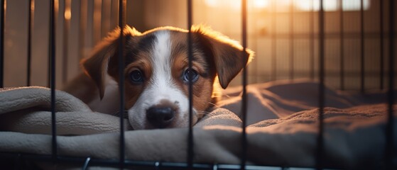 A sick puppy lying in a recovery cage at a vet clinic with a soft blanket and a comforting environment,
