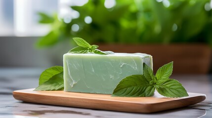 Close-up of a soap bar on a marble countertop, fresh green leaves in the background, symbolizing natural ingredients,