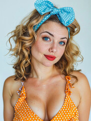 A beautiful blonde and sensual pin-up girl with a winking and flirtatious expression