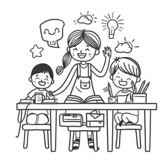 teacher and students in classroomSketch hand drawn single line art coloring page line drawing isolated on white background