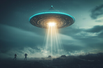 World UFO Day, Unidentified flying object on blue neutral background.