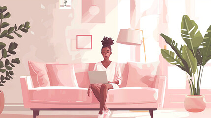 Woman with computer (laptop) sitting on sofa in pink interior