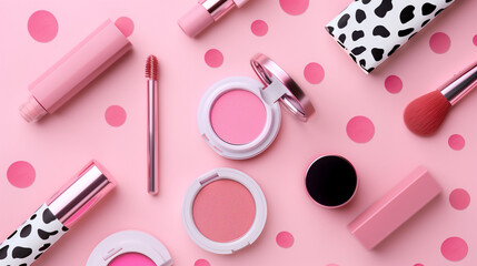 Make up items (Lipstick, Eyeshadow, Blush on pink background)