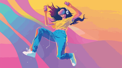 Jumping young woman with with headphones and mobile phone