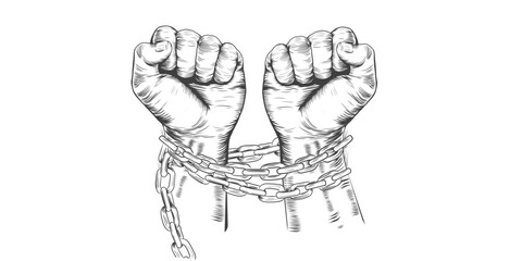 Hands with clenched fist metal chain. Hand drawn vector illustration isolated on white background for struggle, liberty, Slavery concept. Vintage Engraving. Monochrome black and white sketch.