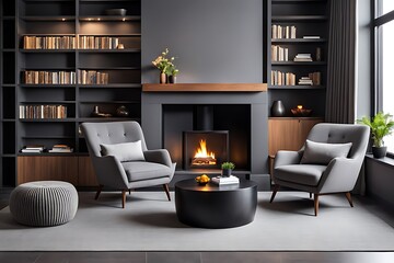  Barrel chair and round coffee table near grey corner fabric sofa against the wall with fireplace and bookshelves design. The interior design of the modern living room. 