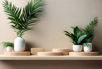 'foliage modern showcase beauty podium home beige Presentation product products body splay wooden background backdrop Realistic plant poduim minimal luxury display dais cosmetic'