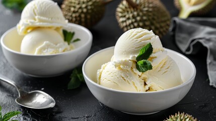 durian ice cream on a black table. A spoon is in one of the bowls. Two durian fruits are also on the table.