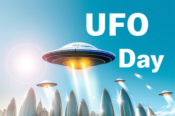 World UFO Day, Unidentified flying object on blue neutral background.