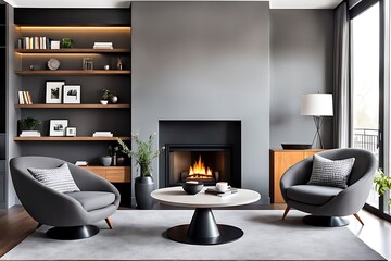  Barrel chair and round coffee table near grey corner fabric sofa against the wall with fireplace and bookshelves design. The interior design of the modern living room. 