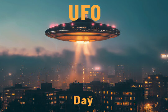 World UFO Day, Unidentified flying object on blue neutral background.