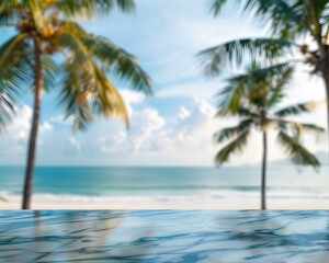 Beautiful marble table top with a blurred beach and palm trees background for product display montage
