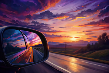 Artistic Rendering of a Car's Rearview Mirror Reflecting a Colorful Sunset