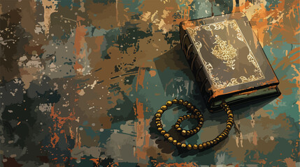 Koran with prayer beads for Ramadan on grunge table 