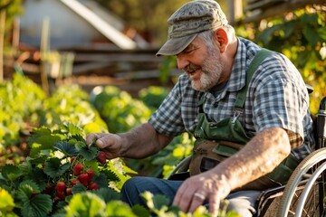 Fototapeta premium Disabled man in a wheelchair, tending to a strawberry patch in a community garden, reflecting diversity in agriculture.