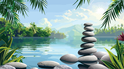 Lake with stack of spa stones in tropical garden Vector