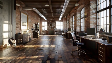 Modern Loft-Style Office Space: Sunlit spacious office with a modern industrial vibe