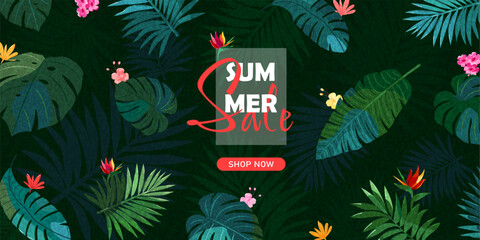 Poster with tropical plants, summer sale