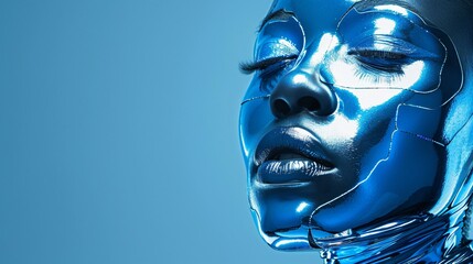 Drag queen in a futuristic sequined outfit, silver and blue accessories, reflecting tech-themed pride, with copy space for additional content.