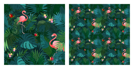 Tropical seamless pattern with flamingos and lush vegetation