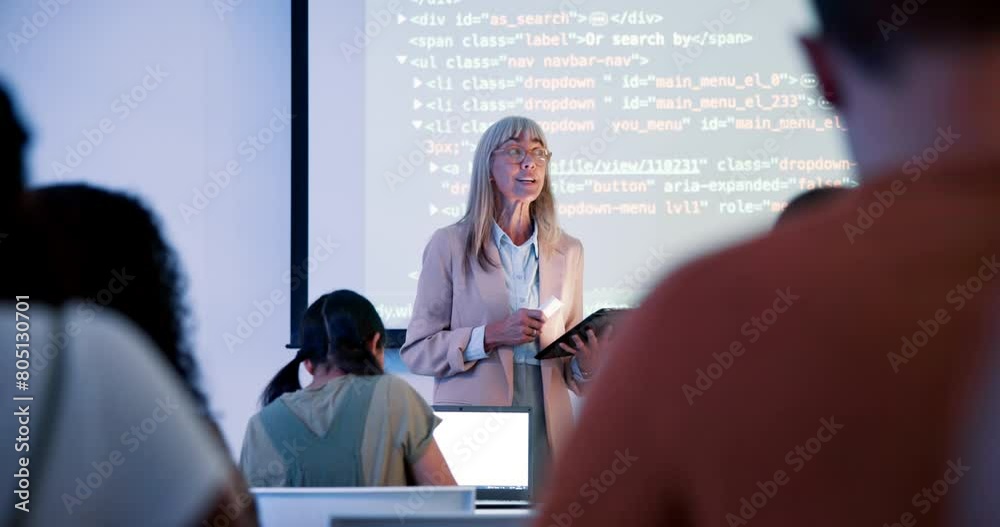 Leinwandbilder Female lecturer, coding and screen in class for education with html, teaching with technology for web development. Woman, teacher and tablet for projection to students, introduction to programming