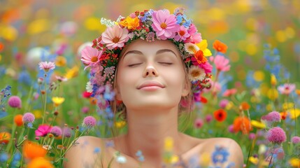 Naklejka premium Woman With Flower Wreath in Field