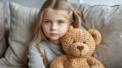 Little Girl Sitting on Couch With Teddy Bear