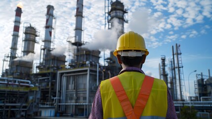 A worker in a hard hat stands in front of a power station, factory, industry with smoke stacks
